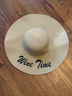 Straw Floppy Sun Hat with "Wine Time" Embroidery - Natural
